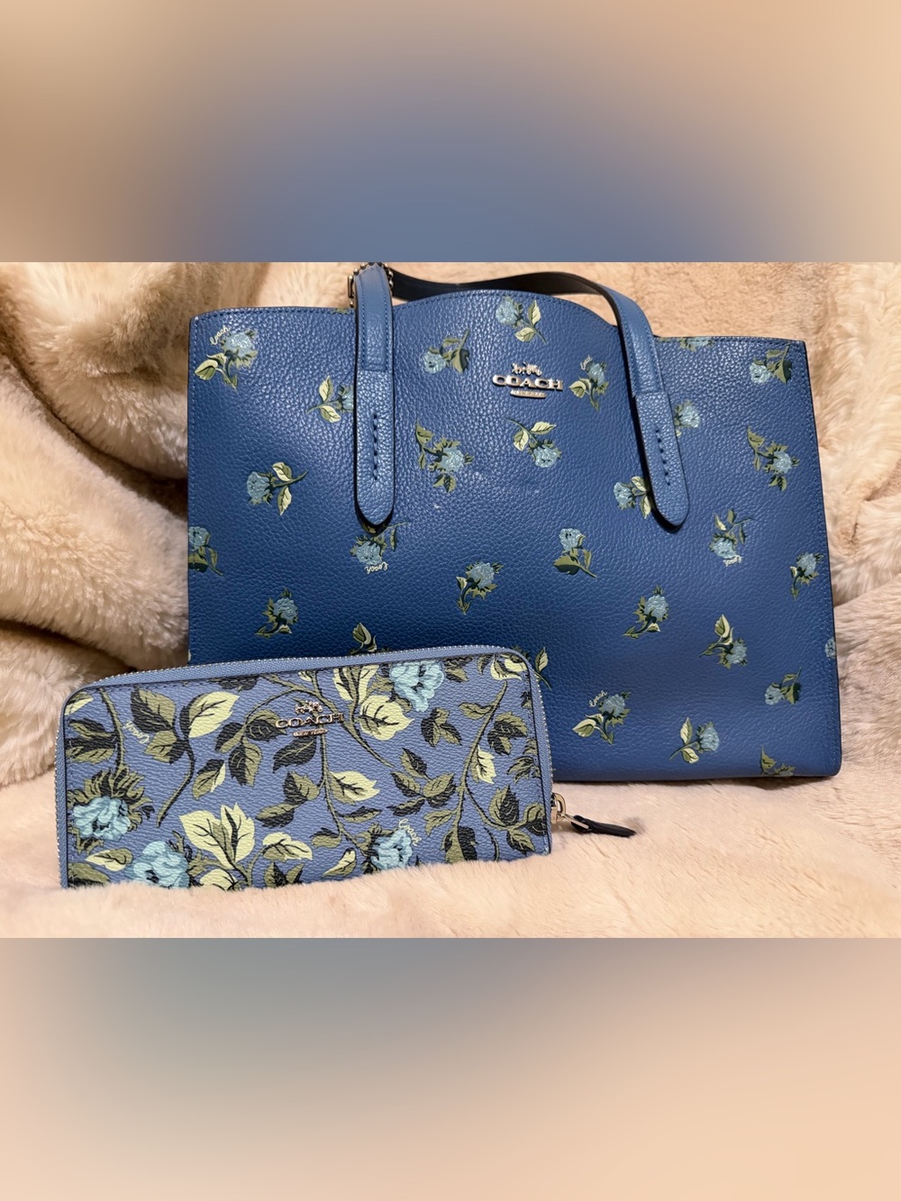 COACH Blue Floral Pebbled Leather Tote with Matching Floral Wallet